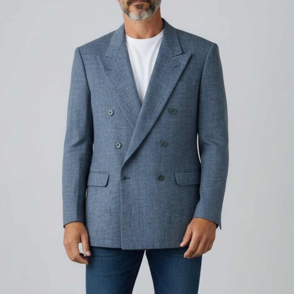 Vintage 100% Silk Double Breasted Blue Blazer Sport Coat‎ Jacket Sz 42L Classic